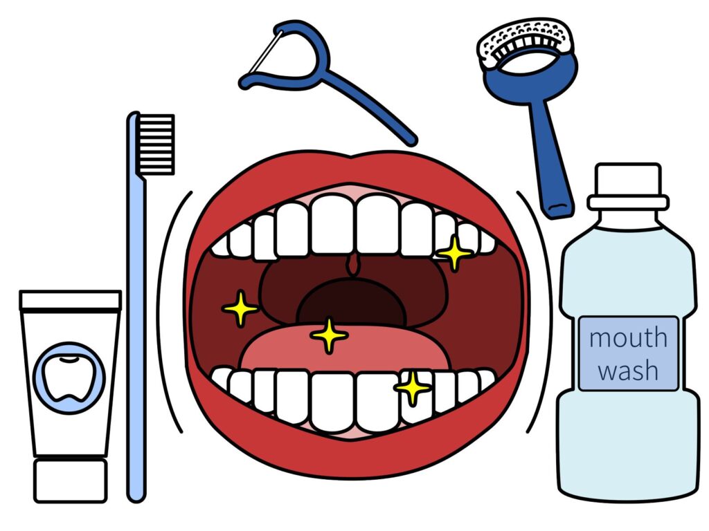 口と歯ブラシとマウスウォッシュ、フロスなど